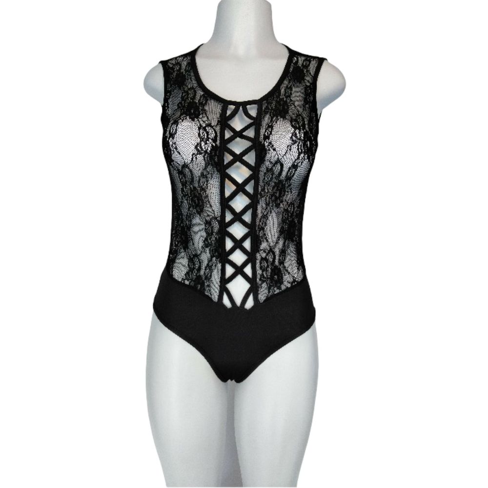 Yimai Sheer Mesh Lace Bodysuit Size M Black Sleeveless Lightweight Sexy Top NWT